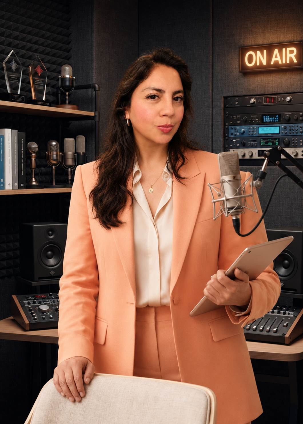 Marcela en mesa de trabajo junto a microfono